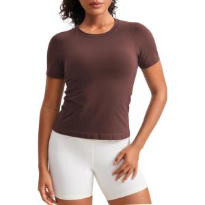 imageCRZ YOGA Seamless Workout Tops for Women Waist Length  Running Gym Athletic Yoga Short Sleeve Shirts Breathable CrewneckTaupe