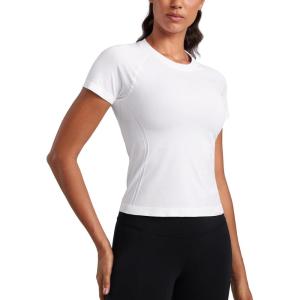 imageCRZ YOGA Seamless Workout Tops for Women Waist Length  Running Gym Athletic Yoga Short Sleeve Shirts Breathable CrewneckWhite