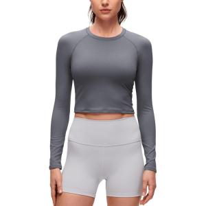 imageCRZ YOGA Brushed Workout Long Sleeve Shirts for Women  Warm Athletic Running Gym Yoga Tops Breathable Crop Crewneck TeesAsh Grey
