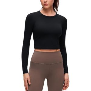 imageCRZ YOGA Brushed Workout Long Sleeve Shirts for Women  Warm Athletic Running Gym Yoga Tops Breathable Crop Crewneck TeesBlack