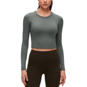 imageCRZ YOGA Brushed Workout Long Sleeve Shirts for Women  Warm Athletic Running Gym Yoga Tops Breathable Crop Crewneck TeesGrey Sage