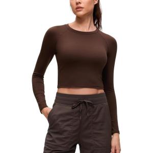 imageCRZ YOGA Brushed Workout Long Sleeve Shirts for Women  Warm Athletic Running Gym Yoga Tops Breathable Crop Crewneck TeesLava Brown