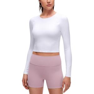 imageCRZ YOGA Brushed Workout Long Sleeve Shirts for Women  Warm Athletic Running Gym Yoga Tops Breathable Crop Crewneck TeesWhite