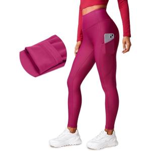 imageCRZ YOGA Fleece Lined Leggings Pockets 28  Thermal Casual Lounge Workout Womens Yoga Full Length Pants Winter WarmMagenta Purple