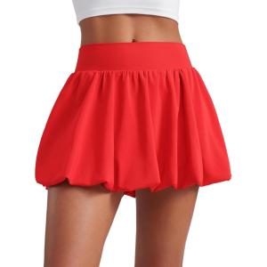 imageCRZ YOGA High Waisted Bubble Tennis Skirts for Women  Mini Casual Ruffled Hem Lined Balloon Skort with PocketsDeep Red