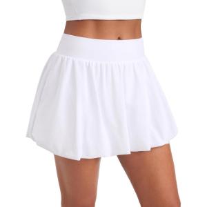 imageCRZ YOGA High Waisted Bubble Tennis Skirts for Women  Mini Casual Ruffled Hem Lined Balloon Skort with PocketsWhite