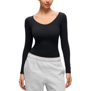imageCRZ YOGA Softembrace V Neck Long Sleeve Shirts for Women  Casual Going Out Soft Comfort Tops Fitted Sexy Scoop TeesBlack
