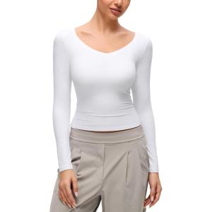 imageCRZ YOGA Softembrace V Neck Long Sleeve Shirts for Women  Casual Going Out Soft Comfort Tops Fitted Sexy Scoop TeesWhite