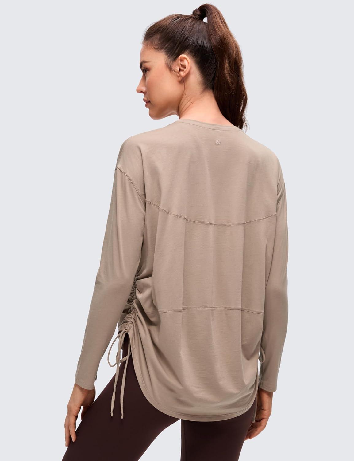 imageCRZ YOGA Pima Cotton Side Ruched Shirts for Women  Casual Workout Yoga Long Sleeve Tops Loose Crewneck Soft Comfort TShirtsMortar Color