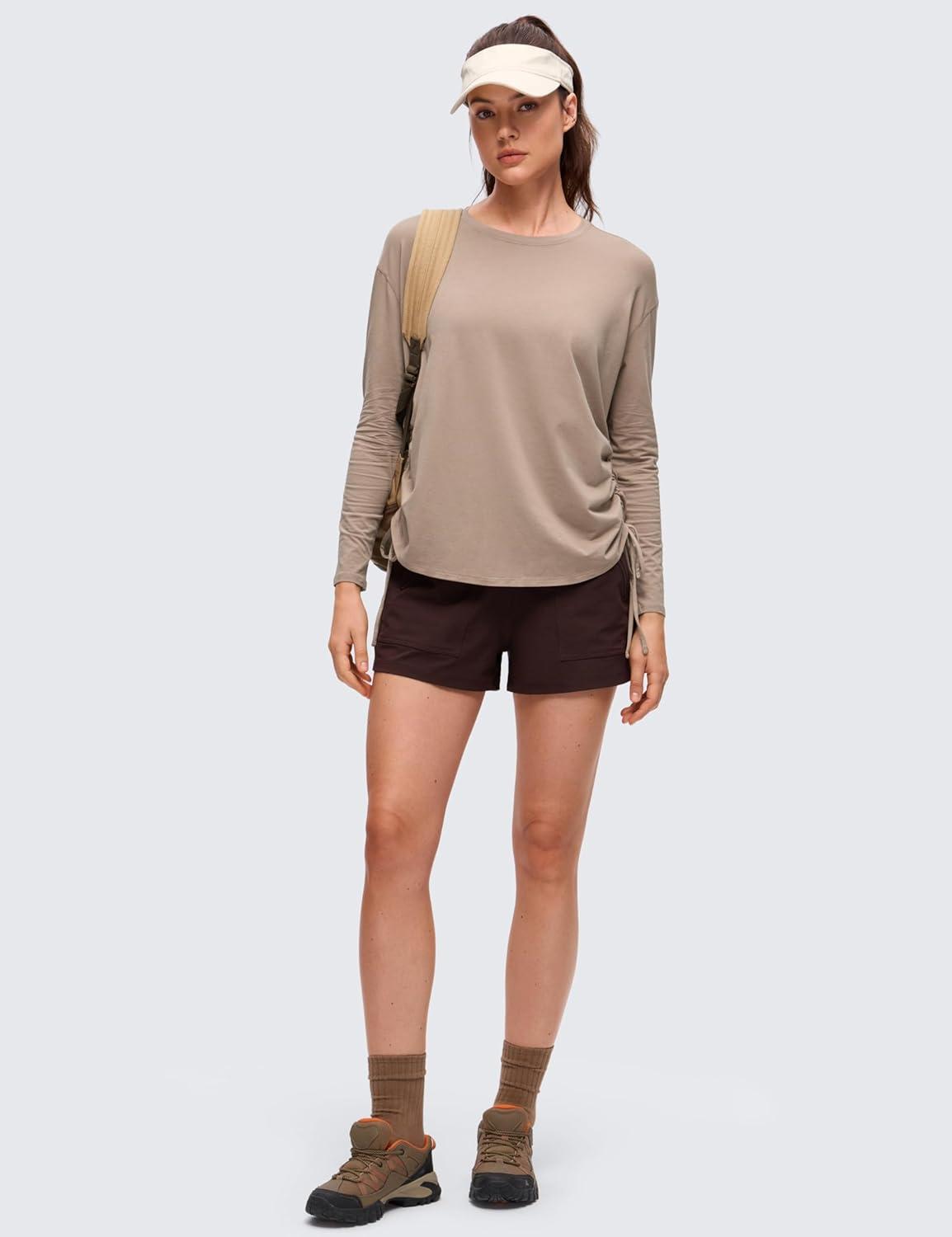 imageCRZ YOGA Pima Cotton Side Ruched Shirts for Women  Casual Workout Yoga Long Sleeve Tops Loose Crewneck Soft Comfort TShirtsMortar Color