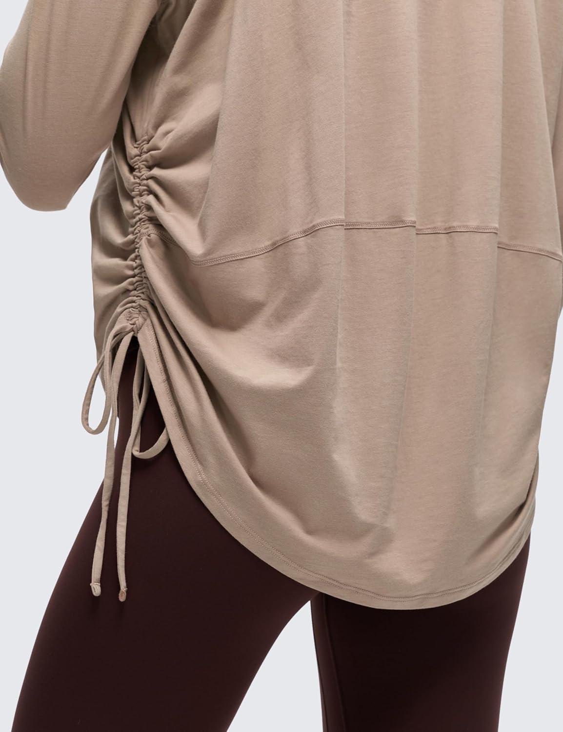 imageCRZ YOGA Pima Cotton Side Ruched Shirts for Women  Casual Workout Yoga Long Sleeve Tops Loose Crewneck Soft Comfort TShirtsMortar Color