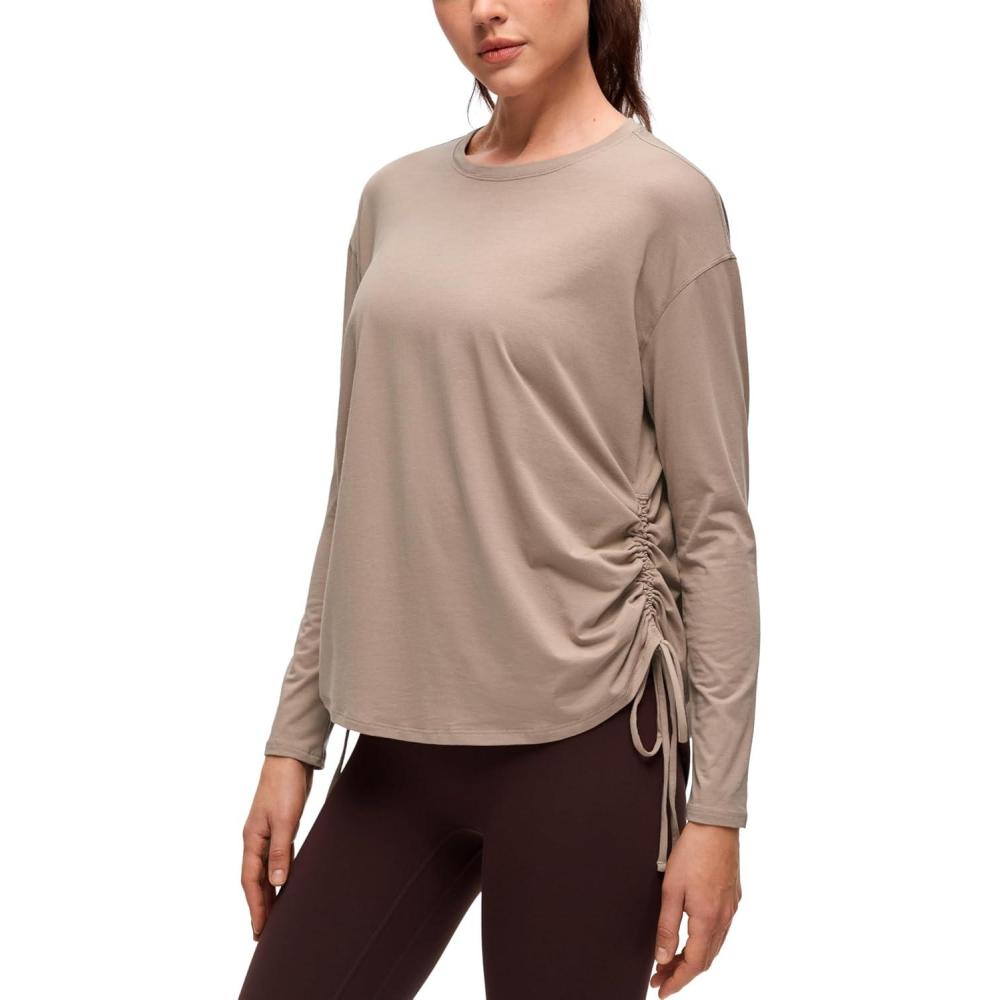 imageCRZ YOGA Pima Cotton Side Ruched Shirts for Women  Casual Workout Yoga Long Sleeve Tops Loose Crewneck Soft Comfort TShirtsMortar Color