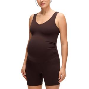 imageCRZ YOGA Butterluxe Maternity V Neck Workout Romper  Casual Sleeveless Shorts Jumpsuit Pregnancy Womens One Piece BodysuitHot Fudge Brown