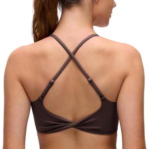 imageCRZ YOGA Butterluxe Twist Cross Back Sports Bras for Women  U Neck Padded Adjustable Spaghetti Straps Yoga TopHot Fudge Brown