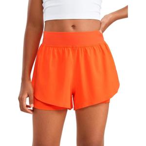 imageCRZ YOGA Girls FeatheryFit Soft 2 in 1 Dolphin Athletic Shorts  Tennis Soccer Running Casual Liner Pockets Kids TeenNeon Orange