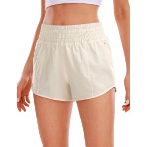 imageCRZ YOGA High Waisted Running Shorts for Women 25  Mesh Liner Quick Dry for Workout Sport Athletic with Zipper PocketWhite Apricot