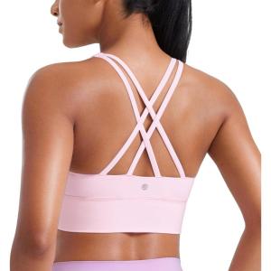imageCRZ YOGA Naked Feeling Strappy Longline Sports Bras for Women  Medium Impact Criss Cross Yoga Padded Workout Crop TopStrawberry Pink
