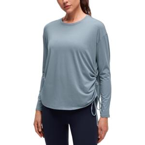 imageCRZ YOGA Pima Cotton Side Ruched Shirts for Women  Casual Workout Yoga Long Sleeve Tops Loose Crewneck Soft Comfort TShirtsBelgian Blue