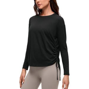 imageCRZ YOGA Pima Cotton Side Ruched Shirts for Women  Casual Workout Yoga Long Sleeve Tops Loose Crewneck Soft Comfort TShirtsBlack