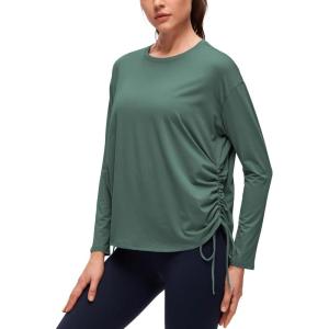 imageCRZ YOGA Pima Cotton Side Ruched Shirts for Women  Casual Workout Yoga Long Sleeve Tops Loose Crewneck Soft Comfort TShirtsGraphite Green