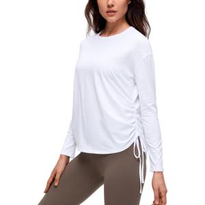 imageCRZ YOGA Pima Cotton Side Ruched Shirts for Women  Casual Workout Yoga Long Sleeve Tops Loose Crewneck Soft Comfort TShirtsWhite