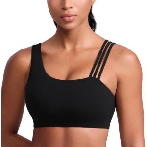 imageCRZ YOGA Butterlift Asymmetric Straps Sports Bras for Women  Padded Wireless Pilates Workout Gym Crop TopBlack