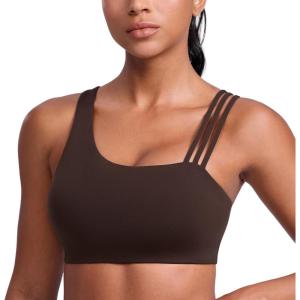 imageCRZ YOGA Butterlift Asymmetric Straps Sports Bras for Women  Padded Wireless Pilates Workout Gym Crop TopHot Fudge Brown