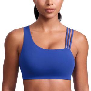 imageCRZ YOGA Butterlift Asymmetric Straps Sports Bras for Women  Padded Wireless Pilates Workout Gym Crop TopWaves Blue