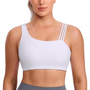 imageCRZ YOGA Butterlift Asymmetric Straps Sports Bras for Women  Padded Wireless Pilates Workout Gym Crop TopWhite