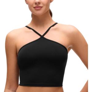 imageCRZ YOGA Butterluxe Cross Neck Crop Tank Tops for Women  Spaghetti Straps Square Back Padded Yoga Sports BrasBlack