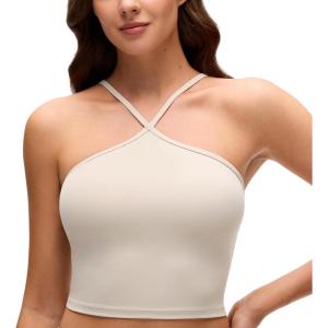 imageCRZ YOGA Butterluxe Cross Neck Crop Tank Tops for Women  Spaghetti Straps Square Back Padded Yoga Sports BrasMojave Tan