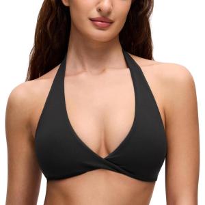 imageCRZ YOGA Butterluxe Double Lined Twist Halter Sports Bras for Women  Deep V Neck Crop Top Casual Open Back Non PaddedBlack