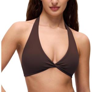 imageCRZ YOGA Butterluxe Double Lined Twist Halter Sports Bras for Women  Deep V Neck Crop Top Casual Open Back Non PaddedHot Fudge Brown