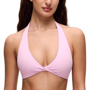 imageCRZ YOGA Butterluxe Double Lined Twist Halter Sports Bras for Women  Deep V Neck Crop Top Casual Open Back Non PaddedVita Pink