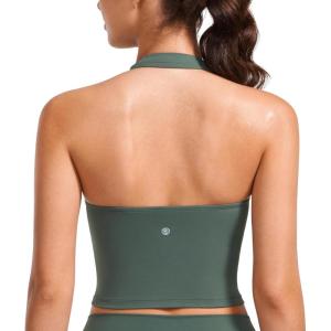 imageCRZ YOGA Butterluxe Halter Crop Tank Tops for Women  Open Back Padded Longline Sports Bras Workout GymDark Forest Green