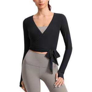 imageCRZ YOGA Cloudweight Wrap Shirts for Women  Workout Yoga Pilates Casual Long Sleeve Tops Cross V Neck Tie Soft TeesBlack