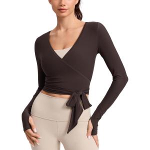 imageCRZ YOGA Cloudweight Wrap Shirts for Women  Workout Yoga Pilates Casual Long Sleeve Tops Cross V Neck Tie Soft TeesHot Fudge Brown