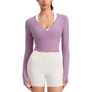 imageCRZ YOGA Cloudweight Wrap Shirts for Women  Workout Yoga Pilates Casual Long Sleeve Tops Cross V Neck Tie Soft TeesLight Lavender