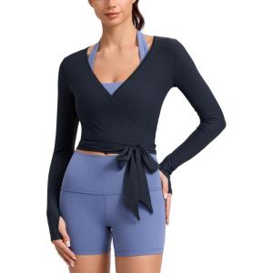 imageCRZ YOGA Cloudweight Wrap Shirts for Women  Workout Yoga Pilates Casual Long Sleeve Tops Cross V Neck Tie Soft TeesTrue Navy