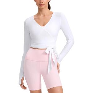 imageCRZ YOGA Cloudweight Wrap Shirts for Women  Workout Yoga Pilates Casual Long Sleeve Tops Cross V Neck Tie Soft TeesWhite