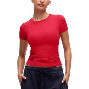 imageCRZ YOGA Softembrace High Neck Tops for Women  Soft Casual Going Out Shirts Crewneck Tight Basic Short Sleeve TShirtAurora Red