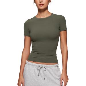 imageCRZ YOGA Softembrace High Neck Tops for Women  Soft Casual Going Out Shirts Crewneck Tight Basic Short Sleeve TShirtLight Army Green