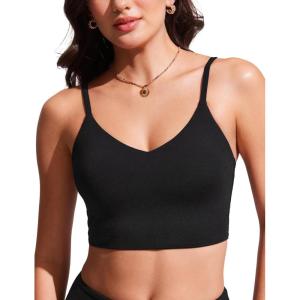 imageCRZ YOGA V Shaped Longline Bikini Tops for Women  Padded Cropped Adjustable Spaghetti Straps Swimsuit Athletic Bathing SuitBlack