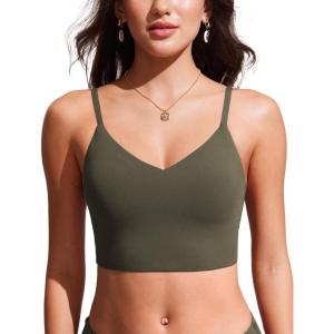 imageCRZ YOGA V Shaped Longline Bikini Tops for Women  Padded Cropped Adjustable Spaghetti Straps Swimsuit Athletic Bathing SuitDark Olive