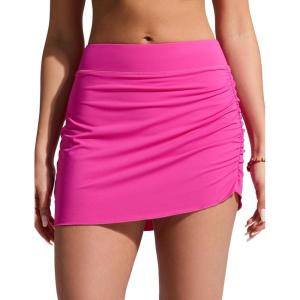 imageCRZ YOGA Asymmetric Side Ruching Swim Skirt for Women  High Waisted Full Coverage Bathing Suit Swimsuit with Inner BriefsHibiscus Purple