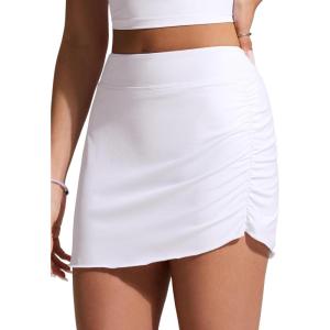 imageCRZ YOGA Asymmetric Side Ruching Swim Skirt for Women  High Waisted Full Coverage Bathing Suit Swimsuit with Inner BriefsWhite