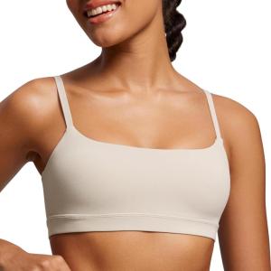 imageCRZ YOGA Butterluxe Adjustable Spaghetti Strap Sports Bras for Women  Scoop Neck Wireless Padded Yoga Workout Crop TopMojave Tan