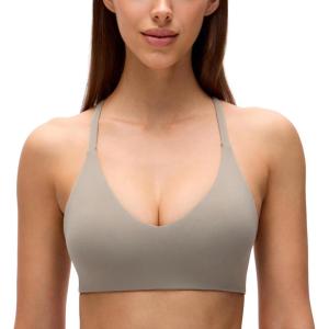 imageCRZ YOGA Butterluxe Low Coverage V Neck Sports Bras for Women  Spaghetti Straps Racerback Padded Yoga TopWarm Ash Grey
