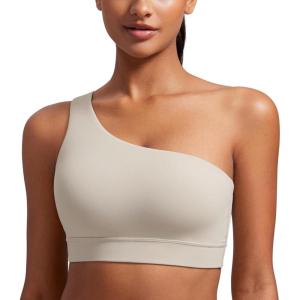 imageCRZ YOGA Butterluxe One Shoulder Sports Bras for Women  Sleeveless One Strap Low Impact Asymmetrical Workout Yoga TopsMojave Tan