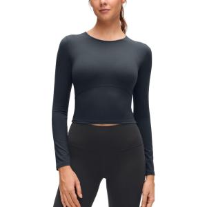 imageCRZ YOGA Butterluxe Scoop Neck Long Sleeve Shirts for Women  Workout Athletic Casual Tops Crop Slim Basic Tight ShirtTrue Navy